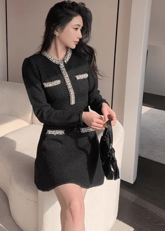 ビジューラインラメツイードフレアニットドレス - Vera Lumina