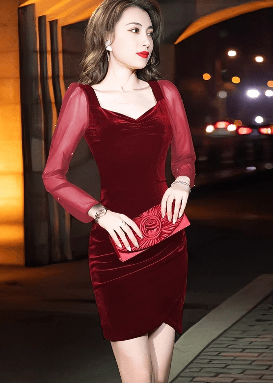 ベルベットシアーパフスリーブカシュクールドレス - Vera Lumina