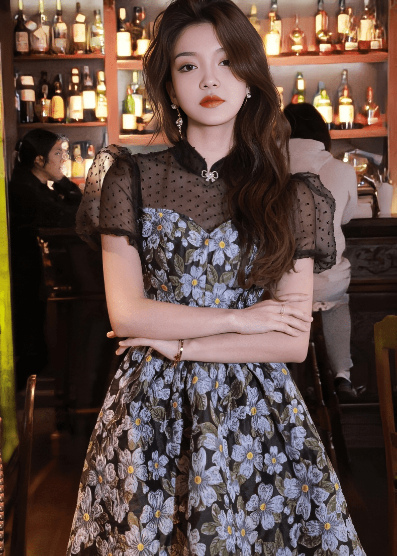 ドットチュールフラワーエンブロイダリードレス - Vera Lumina