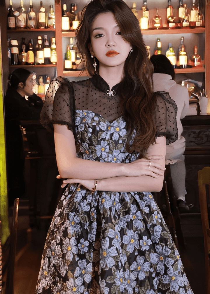 ドットチュールフラワーエンブロイダリードレス - Vera Lumina