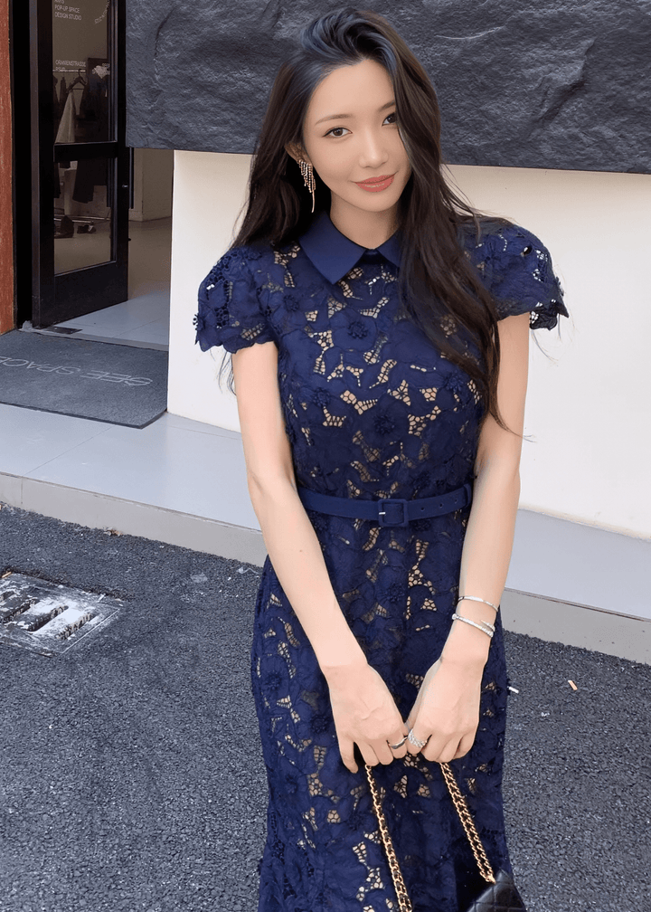 カラーベルトレースマーメイドドレス - Vera Lumina