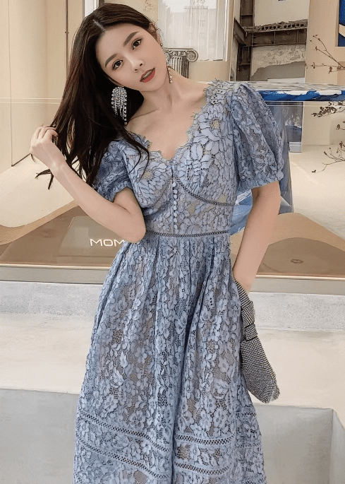 スカラップレースパフスリーブフレアドレス - Vera Lumina