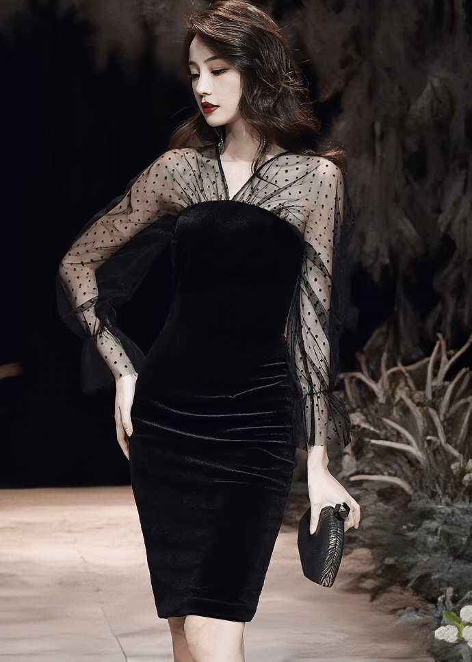 ドットチュールスリーブベルベットドレス - Vera Lumina