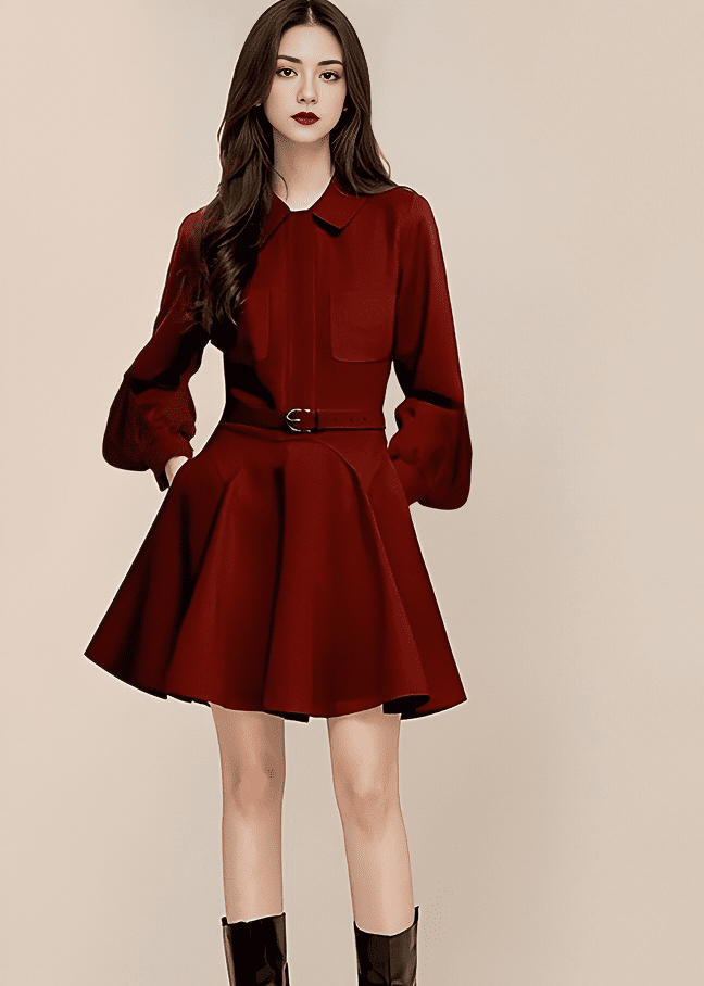 ベルテッドパフスリーブフレアワンピース - Vera Lumina