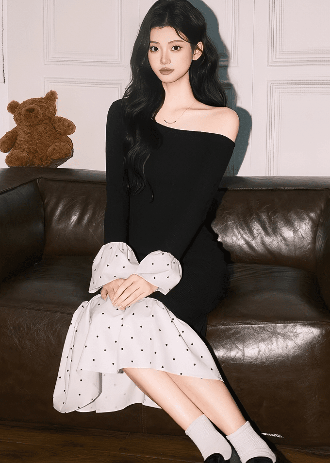 オフショルダーアシメドットマーメイドワンピース - Vera Lumina