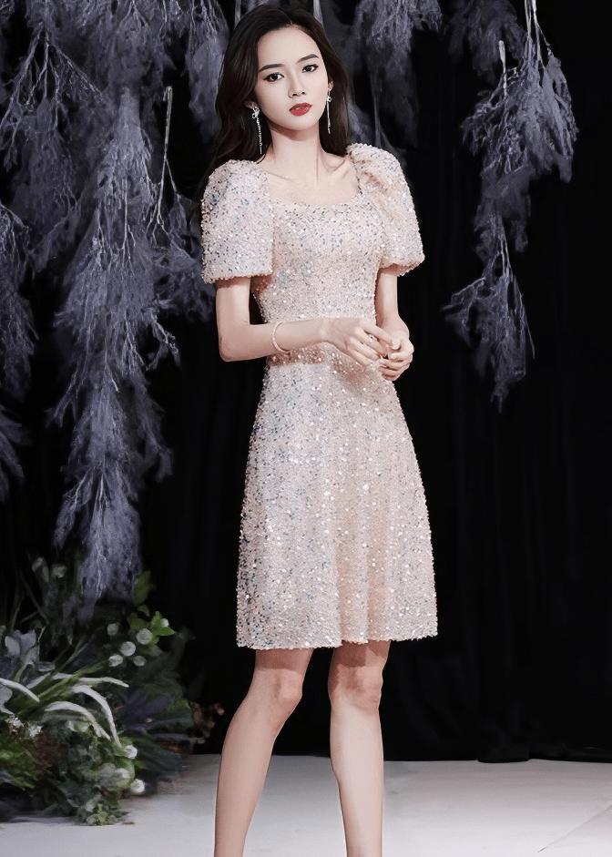 パフスリーブグリッタービジューフレアドレス - Vera Lumina