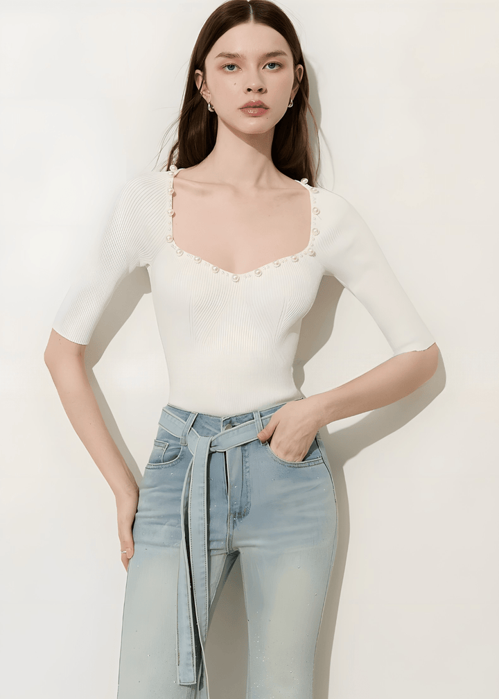パールハートネックリブニット - Vera Lumina