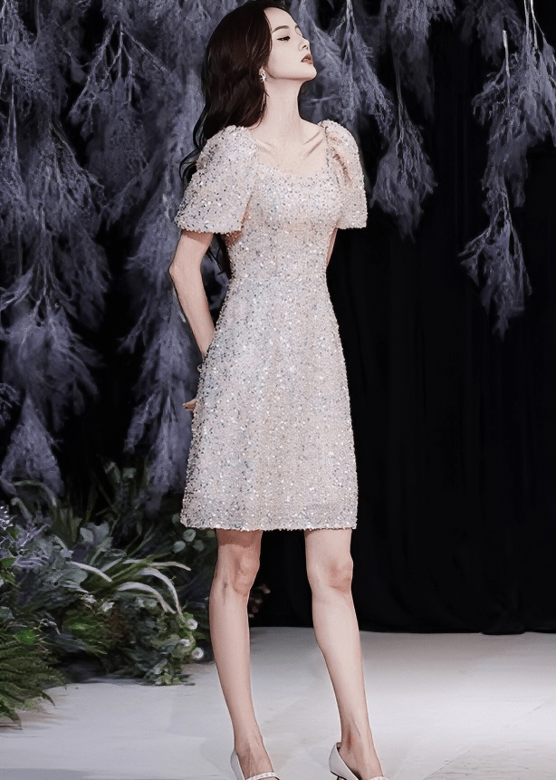 オーロラスパンコールパフスリーブフレアドレス - Vera Lumina