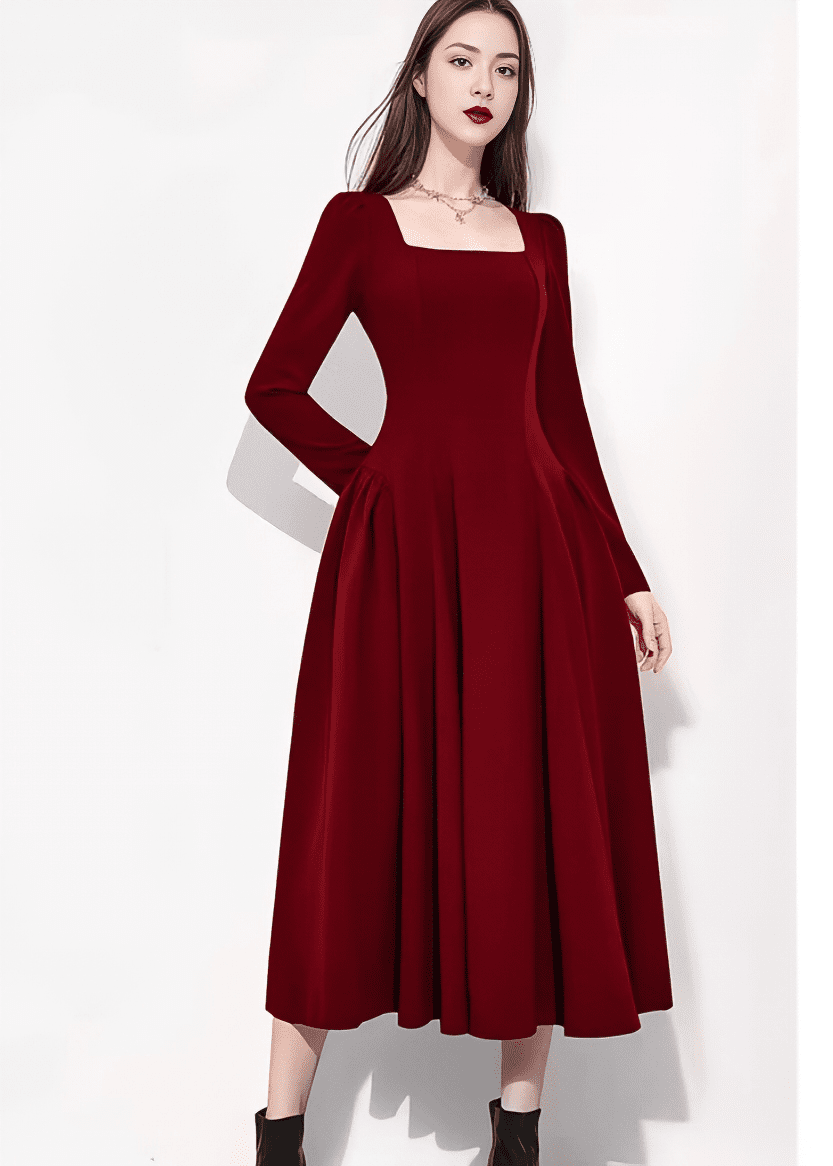 スクエアネックパフスリーブミディフレアドレス - Vera Lumina