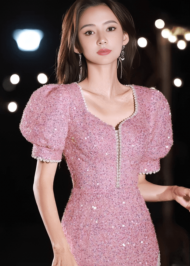 パールビジューパフスリーブツイードドレス - Vera Lumina