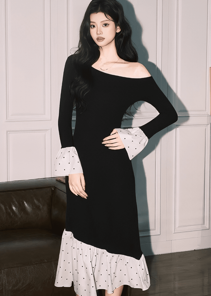 オフショルダーアシメドットマーメイドワンピース - Vera Lumina