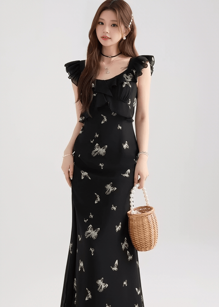 バタフライフリルスリーブマーメイドドレス - Vera Lumina