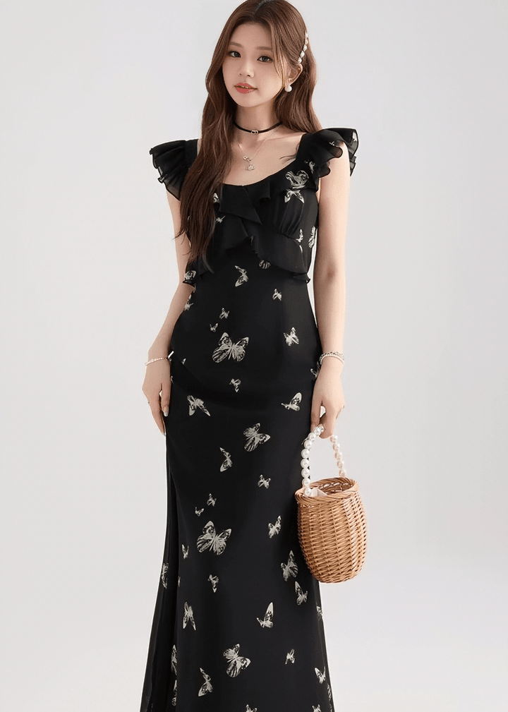 バタフライフリルスリーブマーメイドドレス - Vera Lumina