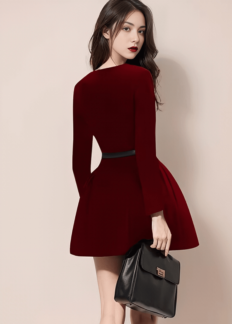 スクエアネックリボンベルトフレアドレス - Vera Lumina