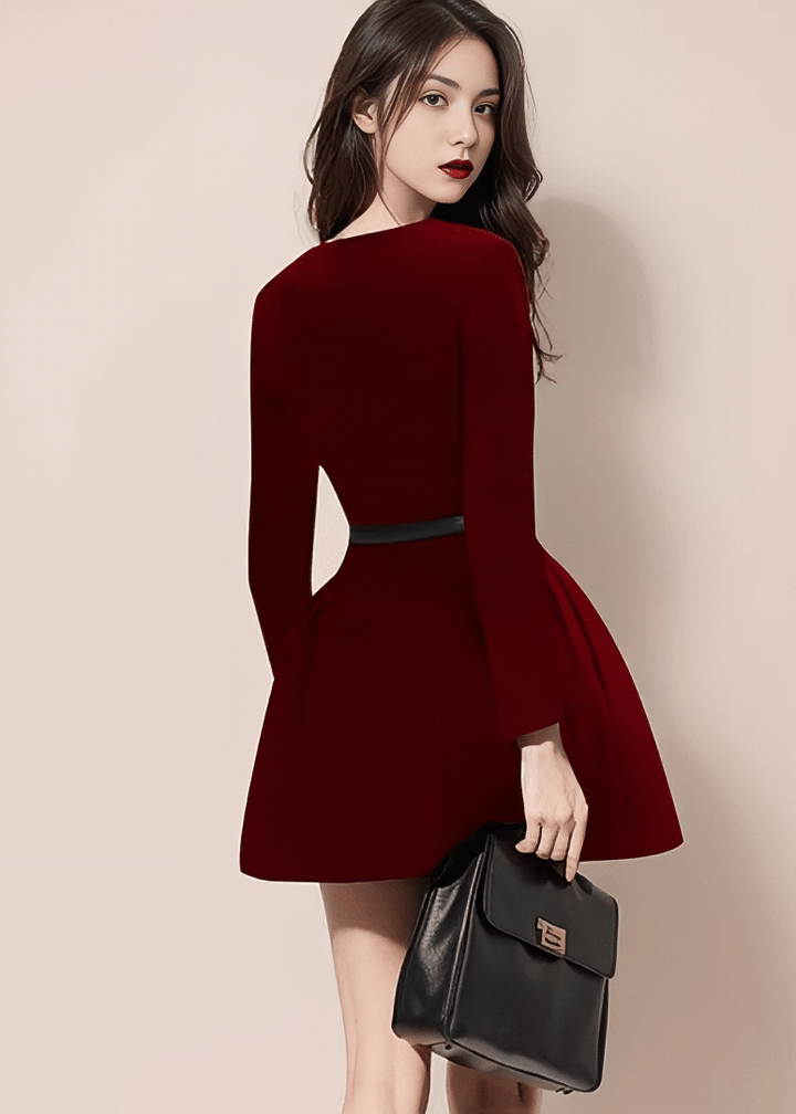 スクエアネックリボンベルトフレアドレス - Vera Lumina