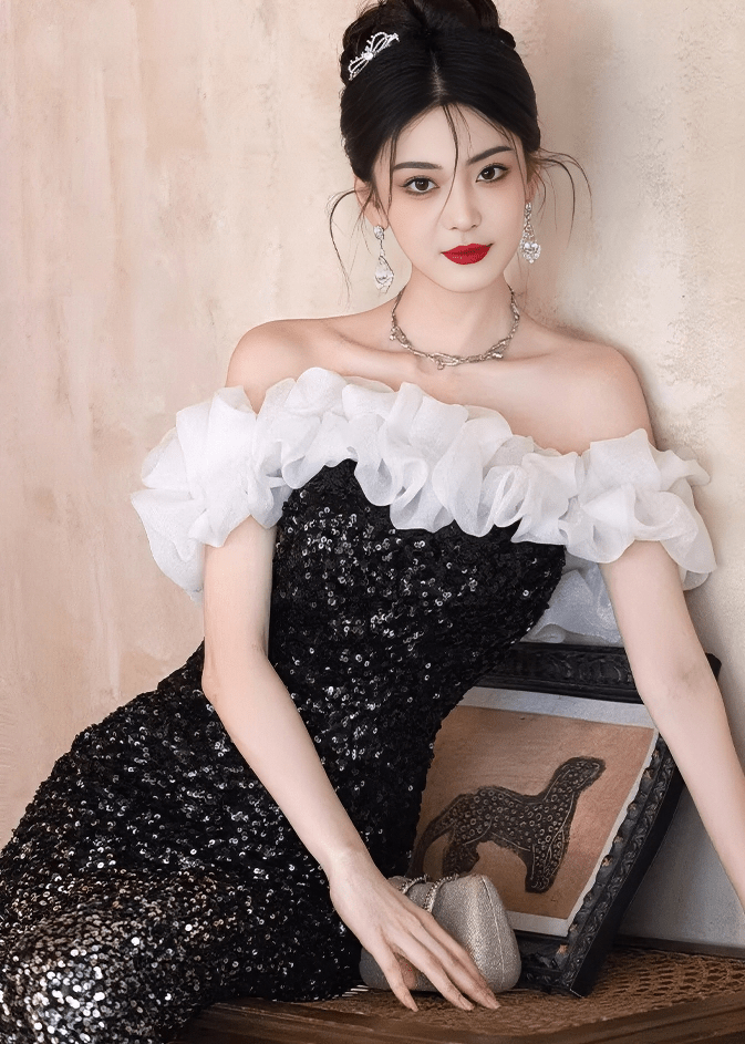 フリルオフショルダースパンコールマーメイドドレス - Vera Lumina