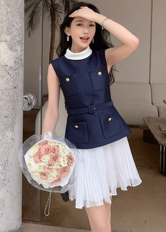 バイカラーハイネックシフォンプリーツドレス - Vera Lumina