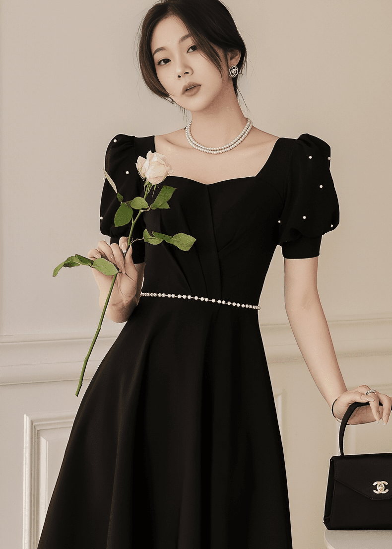 パールビジューパフスリーブフレアドレス - Vera Lumina