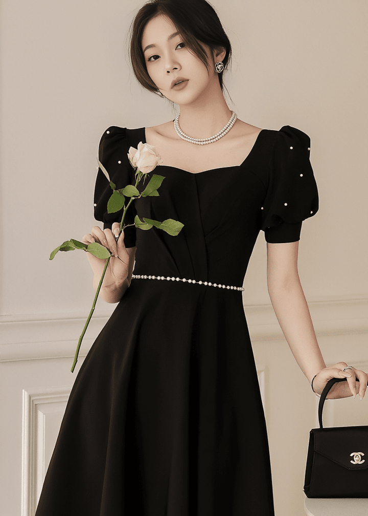 パールビジューパフスリーブフレアドレス - Vera Lumina