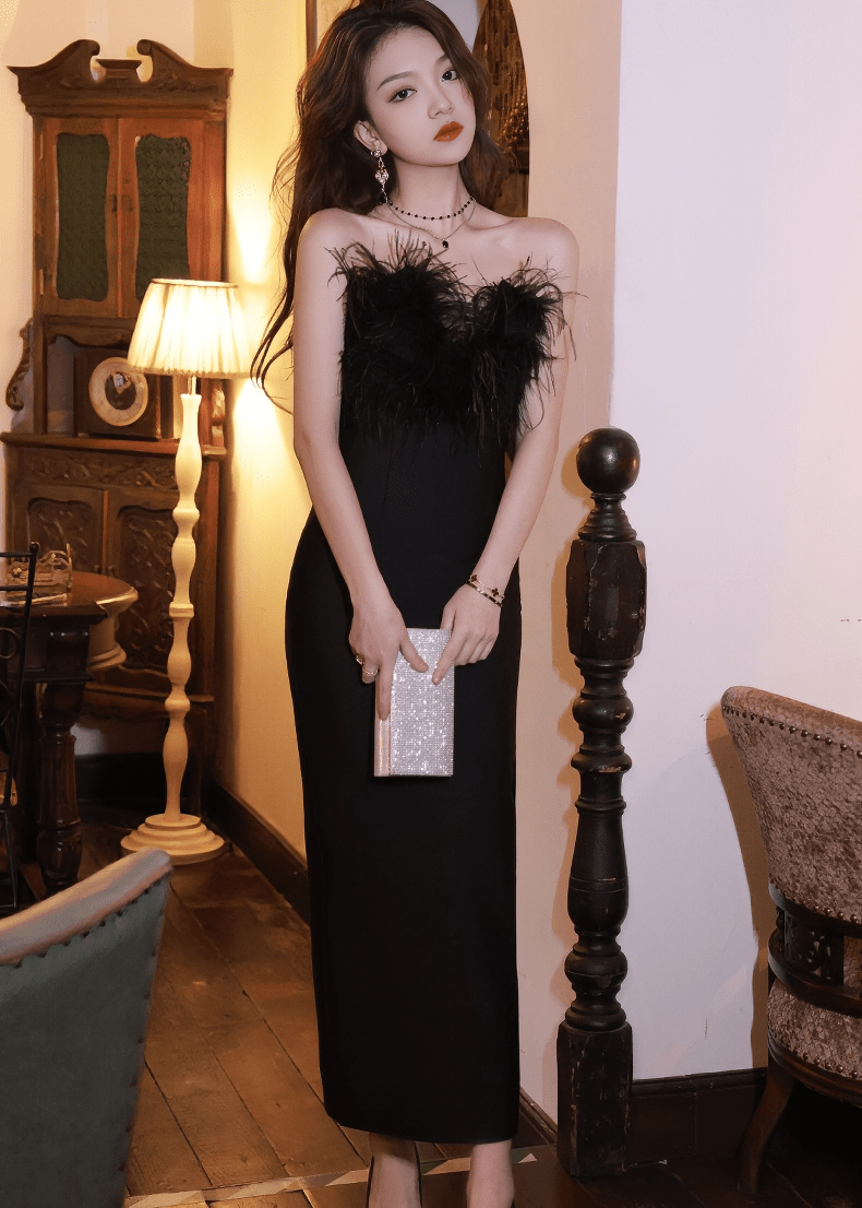 フェザーモチーフベアトップマーメイドドレス - Vera Lumina