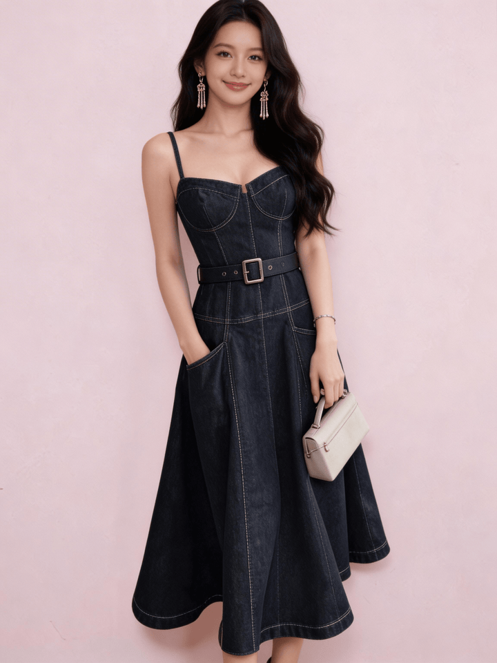 コルセットラインベルトフレアデニムドレス - Vera Lumina