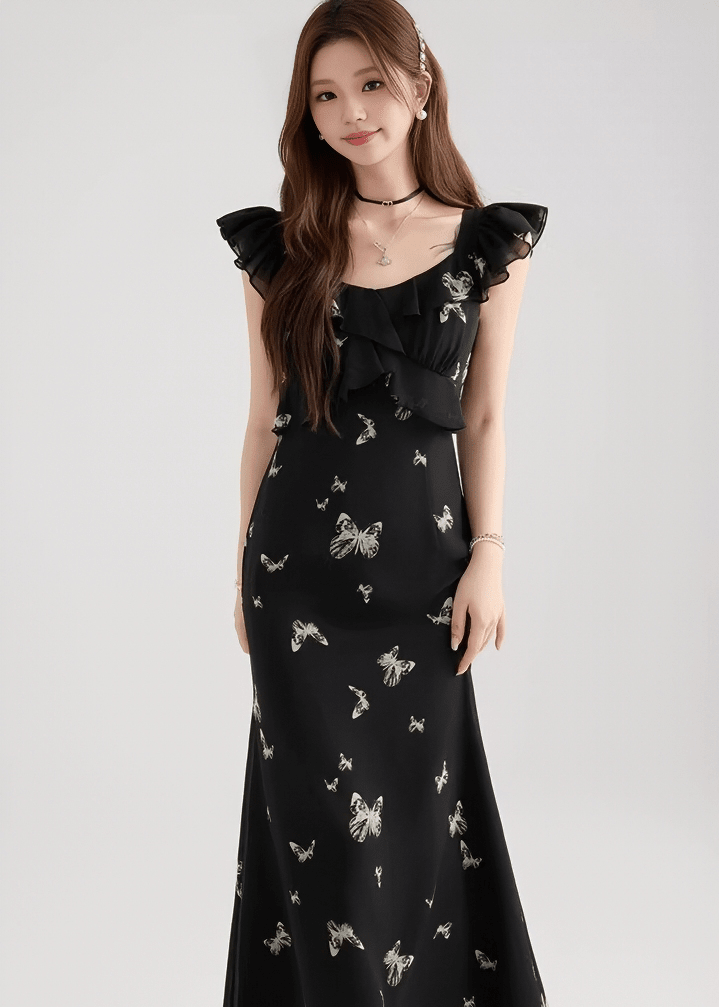 バタフライフリルスリーブマーメイドドレス - Vera Lumina