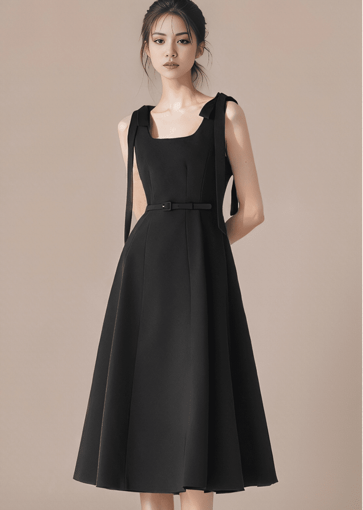 ショルダーリボンベルトフレアワンピース - Vera Lumina