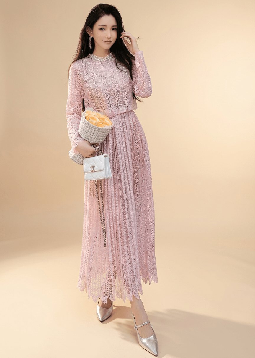 パールネッククロシェレースマキシドレス - Vera Lumina