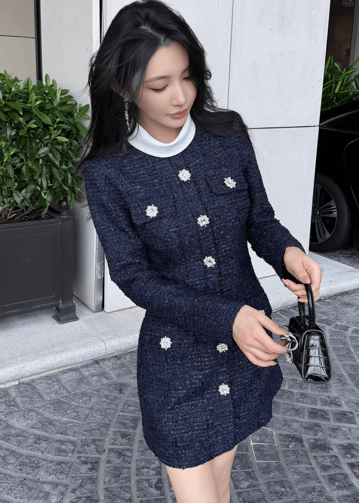 フラワービジューボタンラメツイードドレス - Vera Lumina