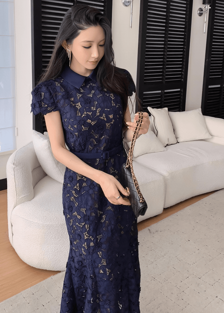 カラーベルトレースマーメイドドレス - Vera Lumina