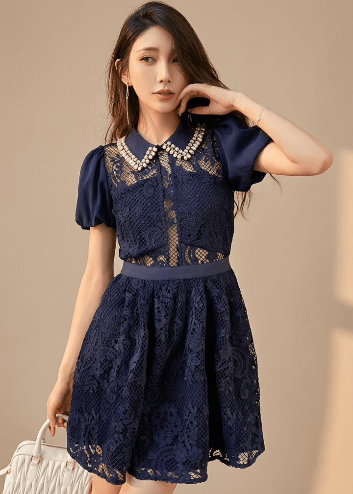 ビジューカラーシアーレースパフスリーブドレス - Vera Lumina