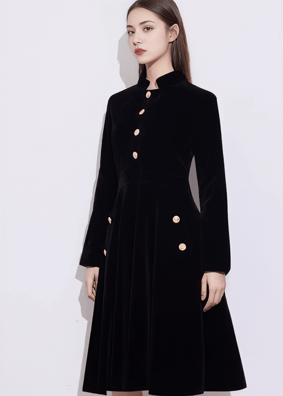 ゴールドボタンベルベットフレアドレス - Vera Lumina