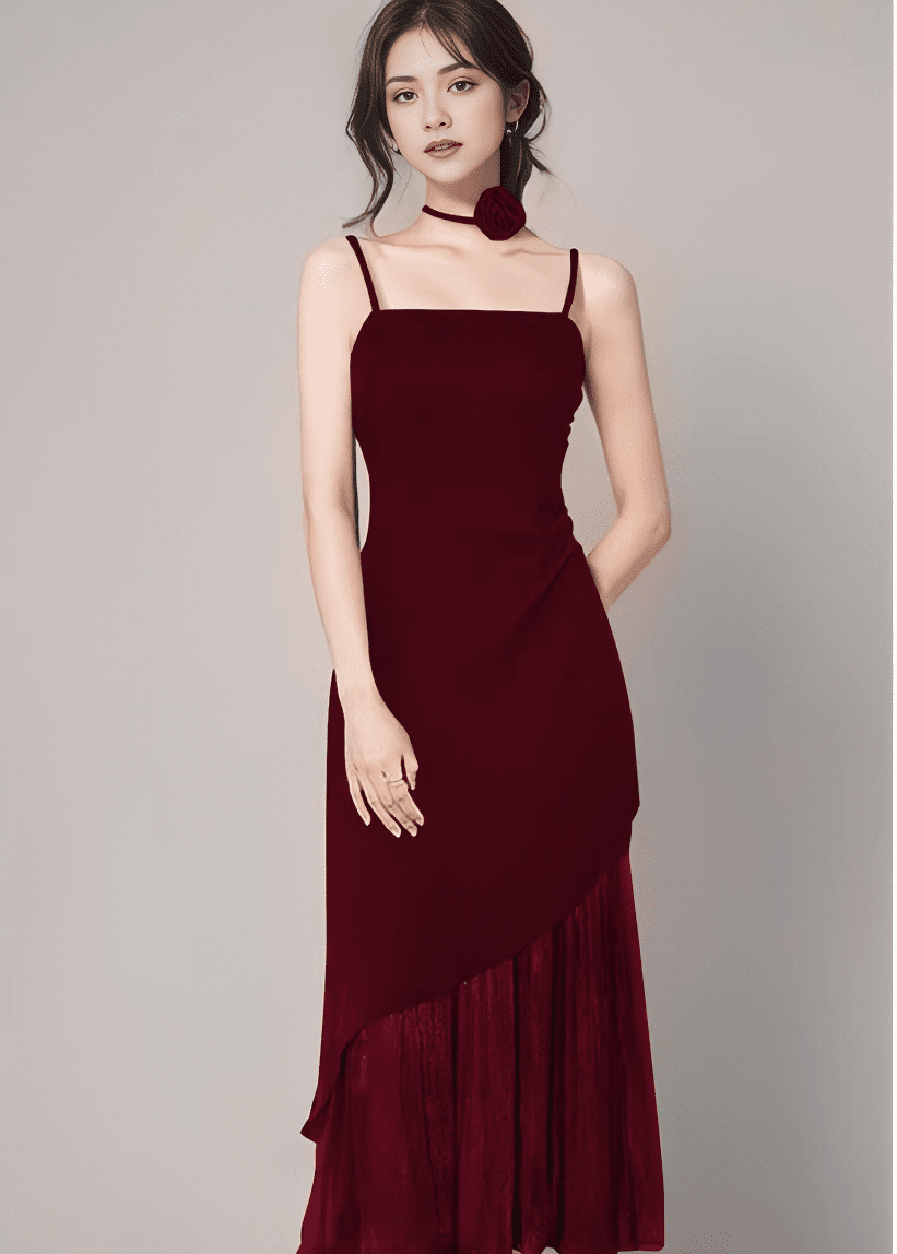 コサージュベルトサテンレイヤードレス - Vera Lumina