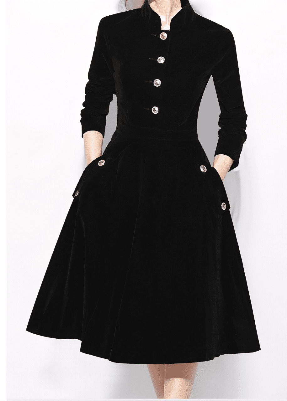 ビジューボタンスタンドカラーフレアワンピース - Vera Lumina