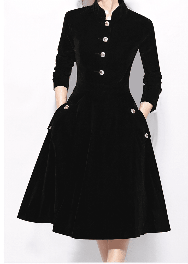 ビジューボタンスタンドカラーフレアワンピース - Vera Lumina