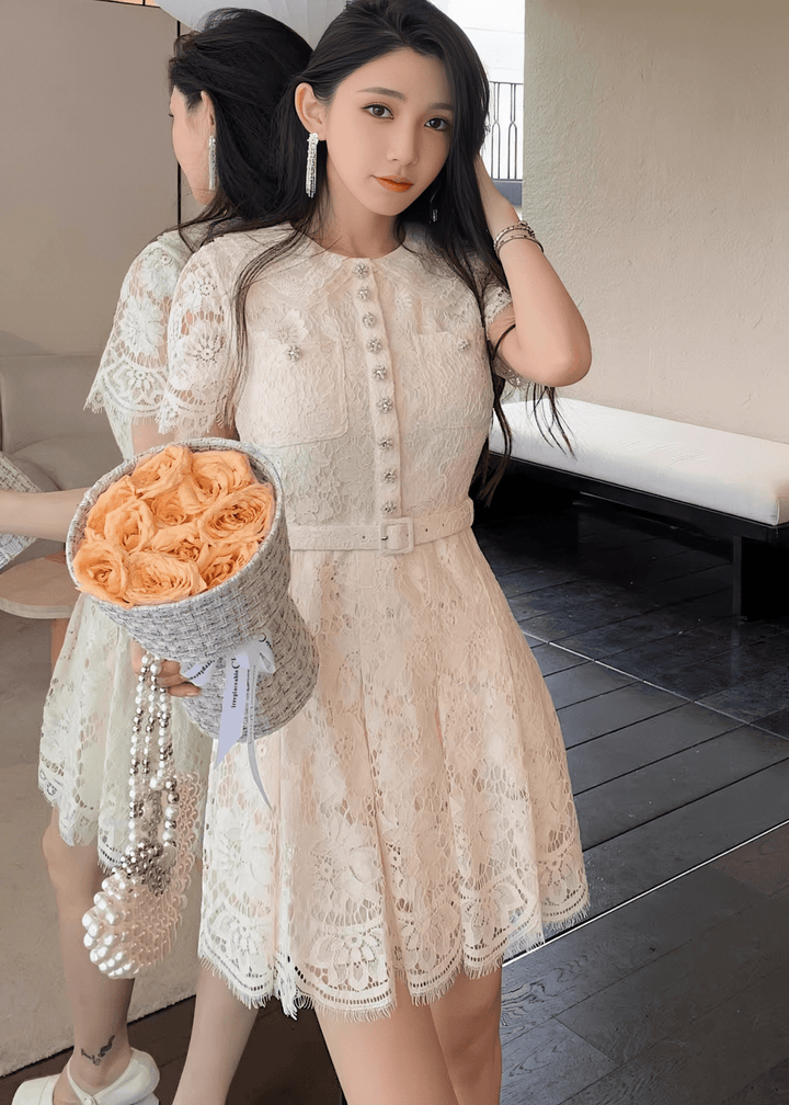 ビジューボタンスカラップレースドレス - Vera Lumina