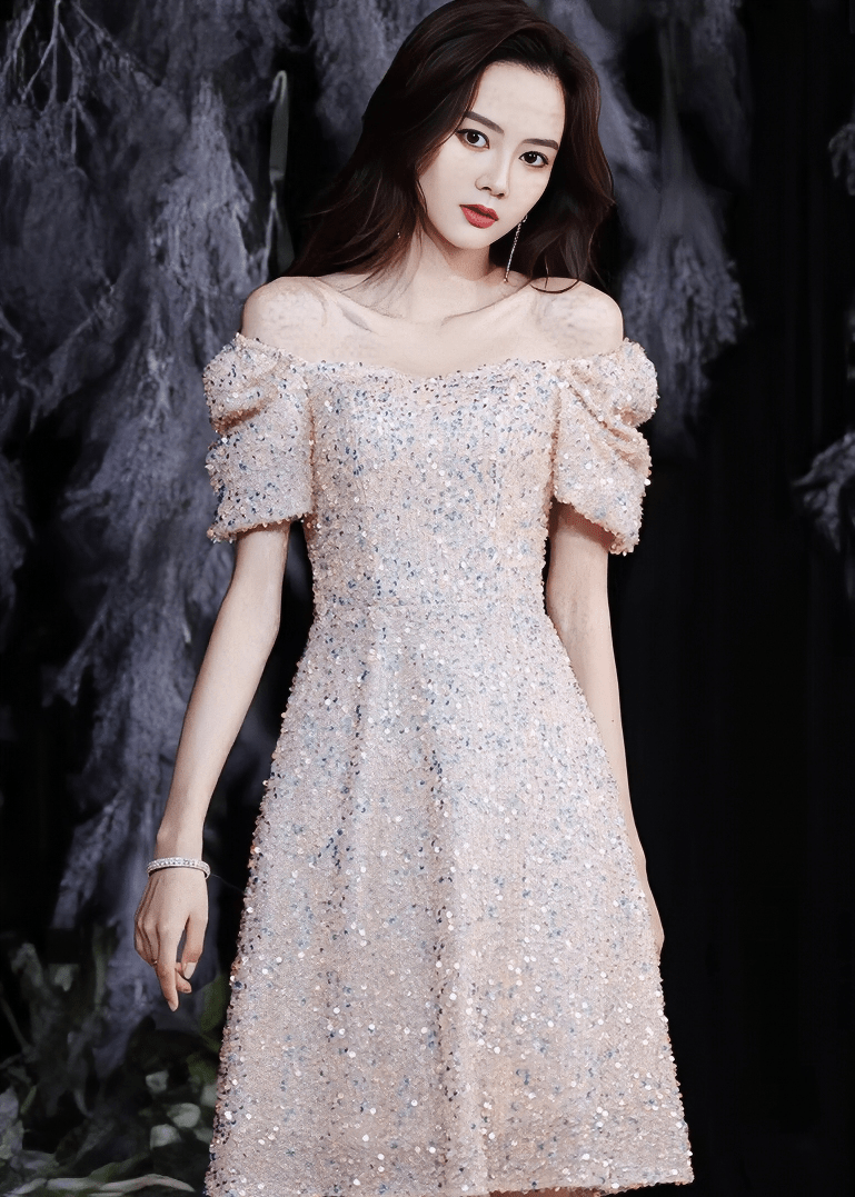 オーロラスパンコールパフスリーブフレアドレス - Vera Lumina