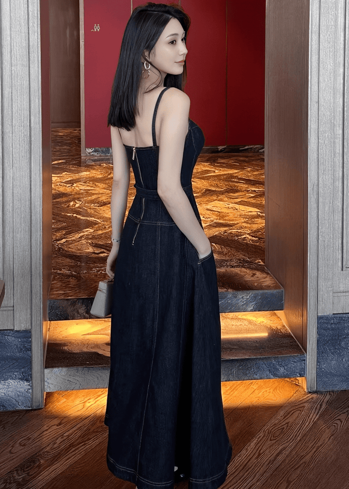 コルセットラインベルトフレアデニムドレス - Vera Lumina