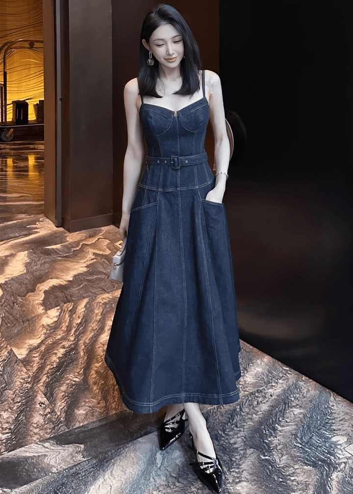 コルセットラインベルトフレアデニムドレス - Vera Lumina