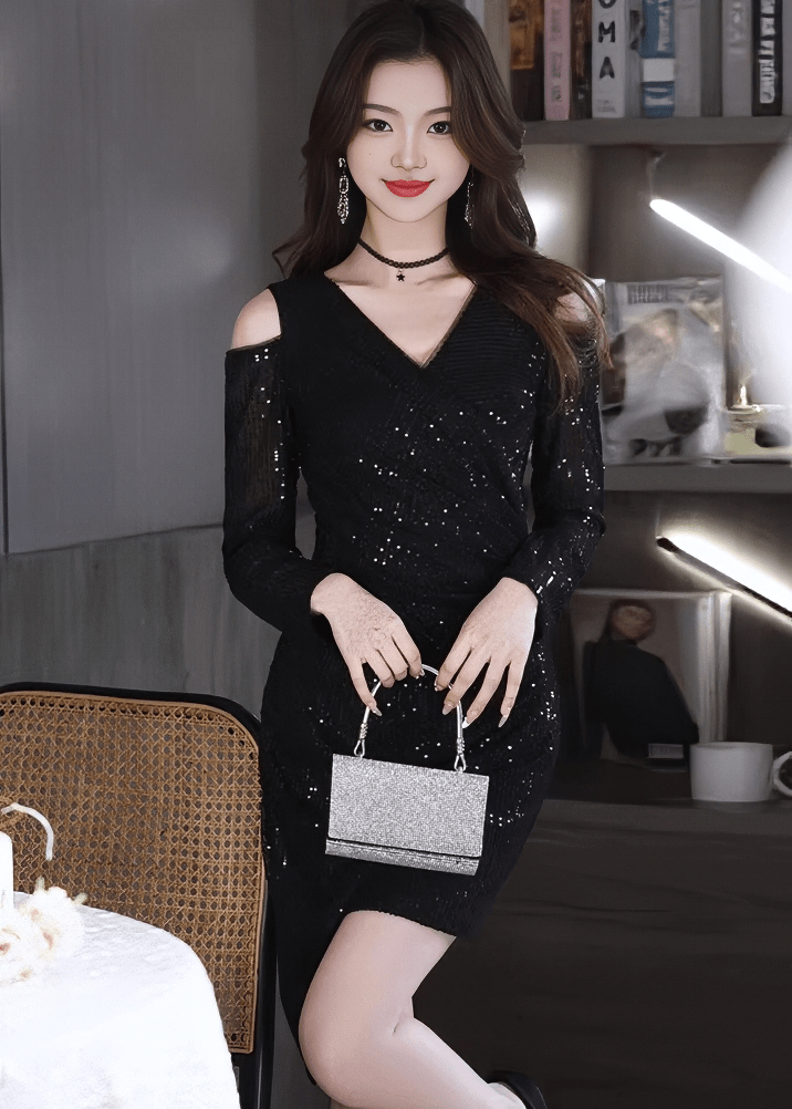 ビジューグリッターコールドショルダードレス - Vera Lumina