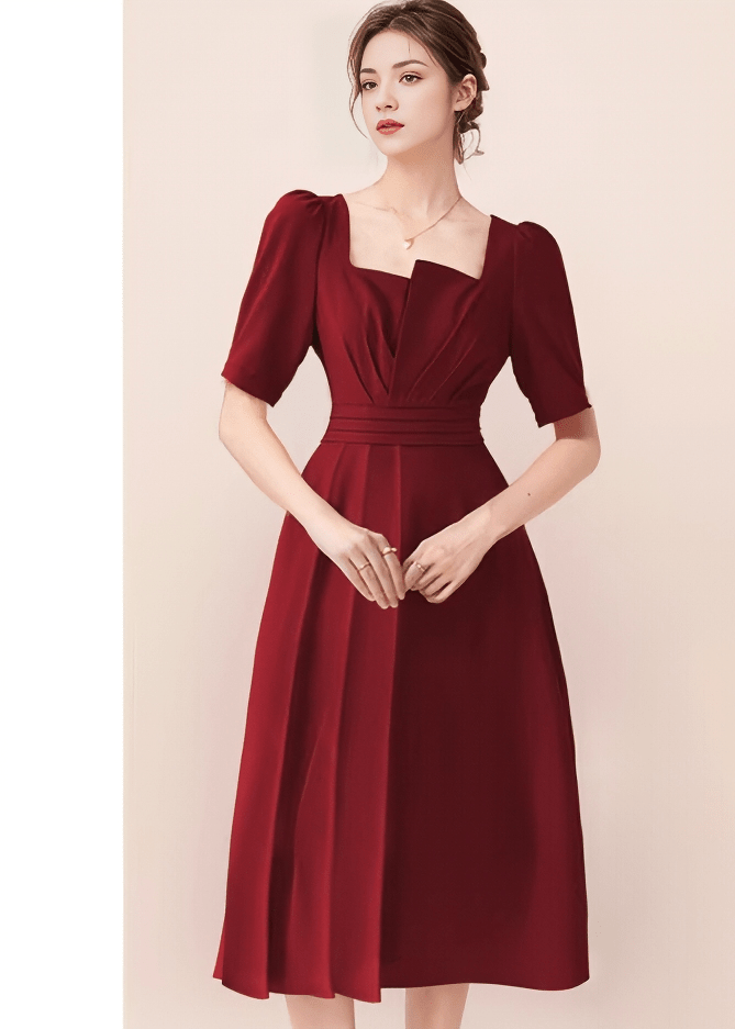 アシンメトリーパフスリーブタックフレアドレス - Vera Lumina