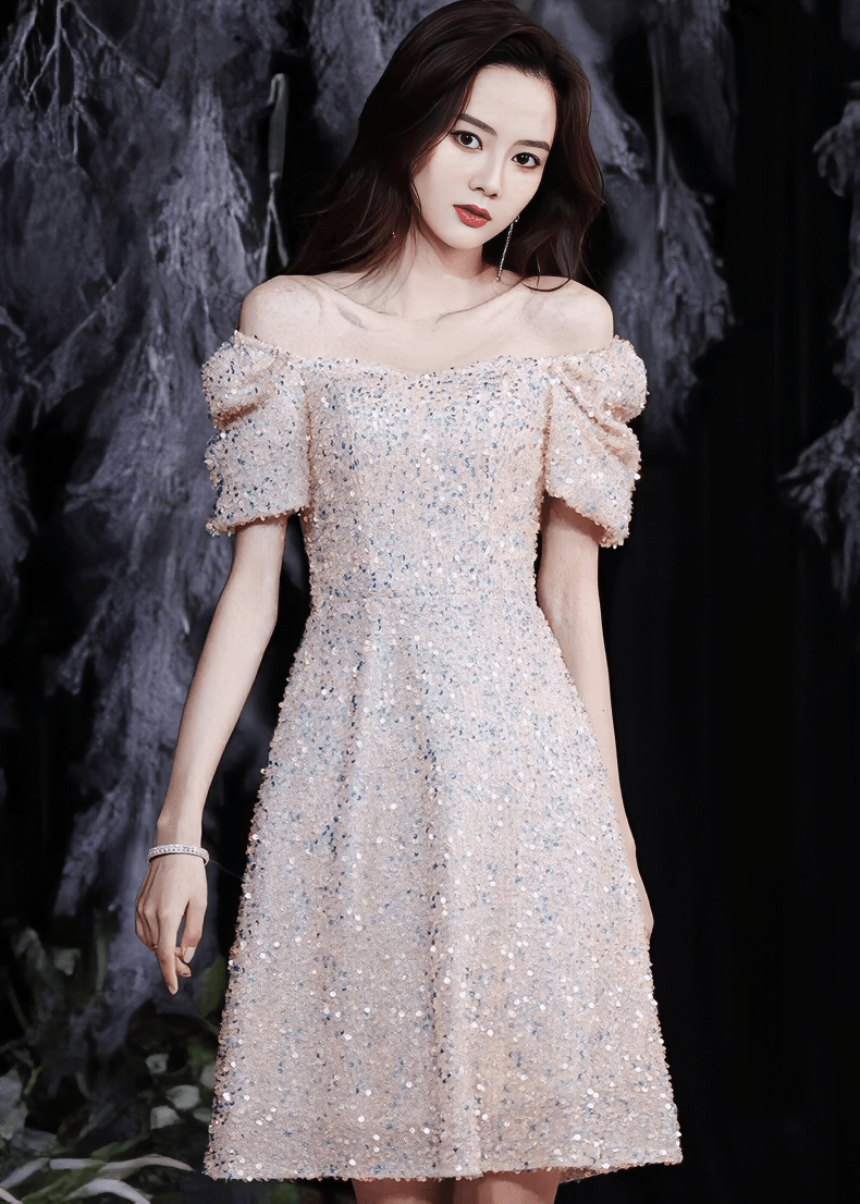 パフスリーブグリッタービジューフレアドレス - Vera Lumina