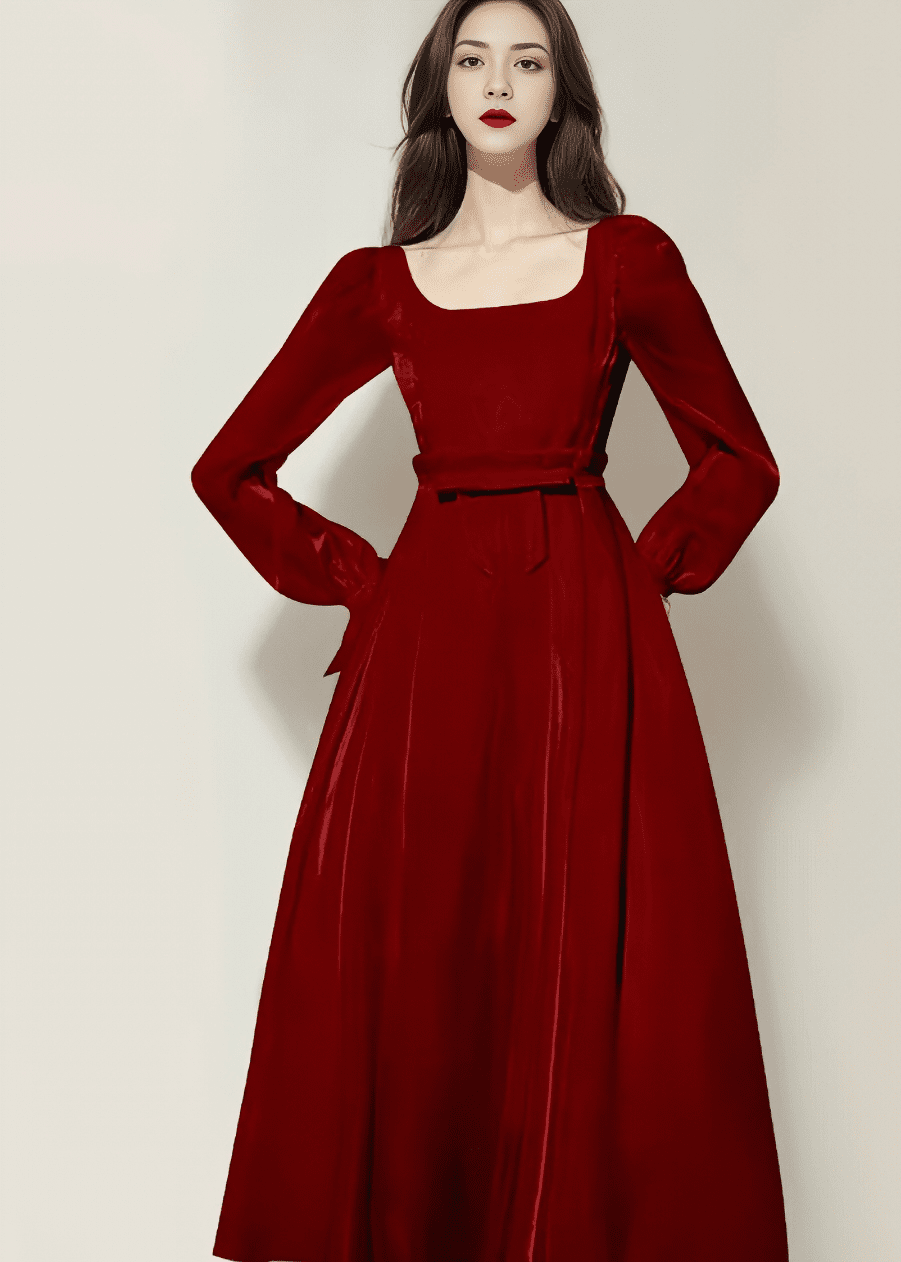 シャイニーサテンリボンベルトフレアドレス - Vera Lumina