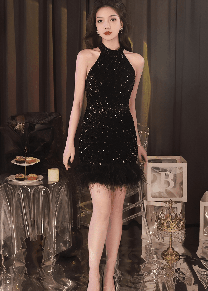 フェザービジューホルターネックミニドレス - Vera Lumina