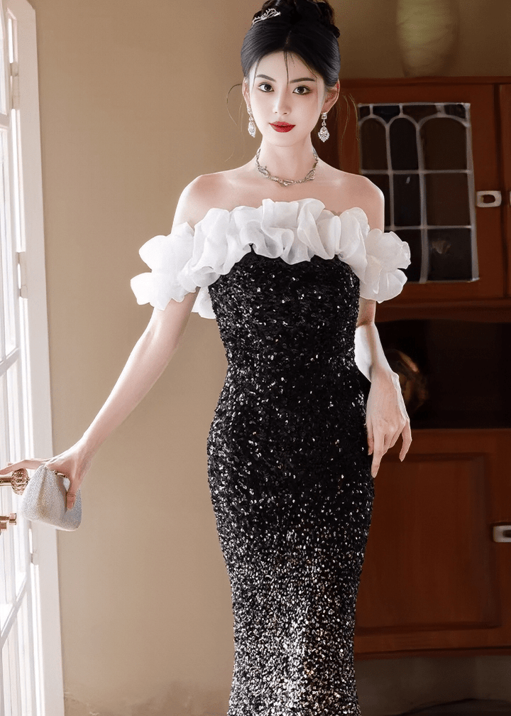 フリルオフショルダースパンコールマーメイドドレス - Vera Lumina