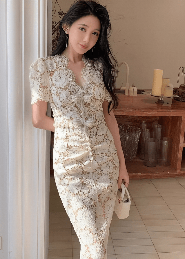 スカラップネックリボンパールマーメイドドレス - Vera Lumina