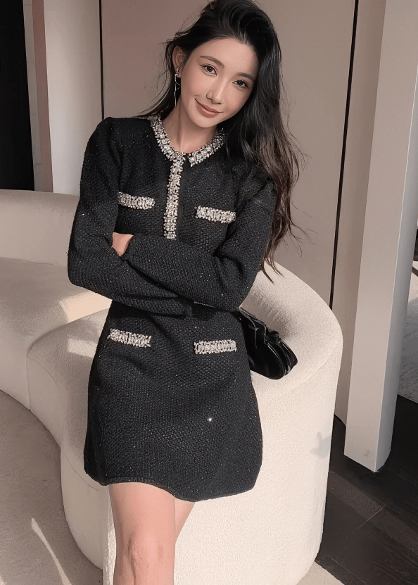 ビジューラインラメツイードフレアニットドレス - Vera Lumina