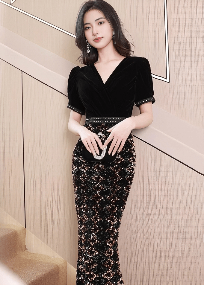 スパンコールパフスリーブビジューマーメイドドレス - Vera Lumina