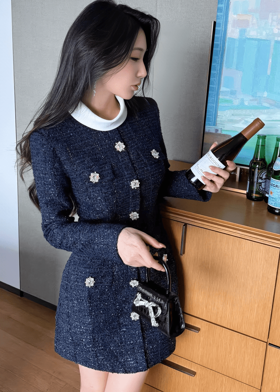 フラワービジューボタンラメツイードドレス - Vera Lumina