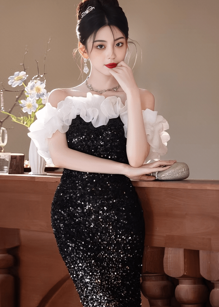 フリルオフショルダースパンコールマーメイドドレス - Vera Lumina